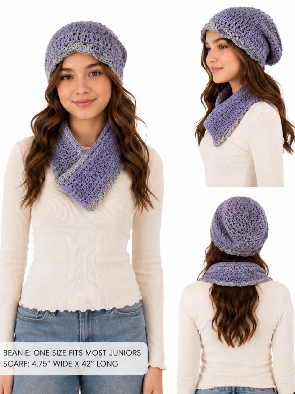 Juniors Girls Crocheted Lavender Beanie and Scarf Set Size 8-14